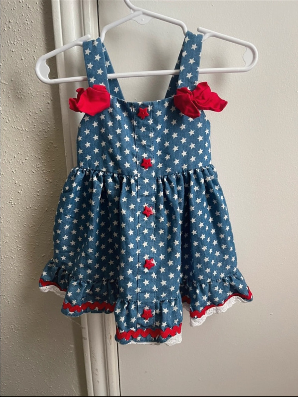 Good Lad Blue Star Print 4th of July Dress with Pink Label and Red Bow